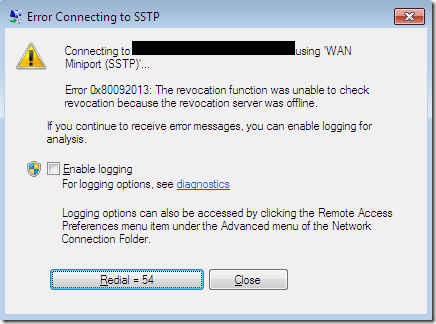 SSTP VPN error: 0x80092013