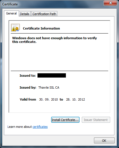 Thawte issued certificate partial chain