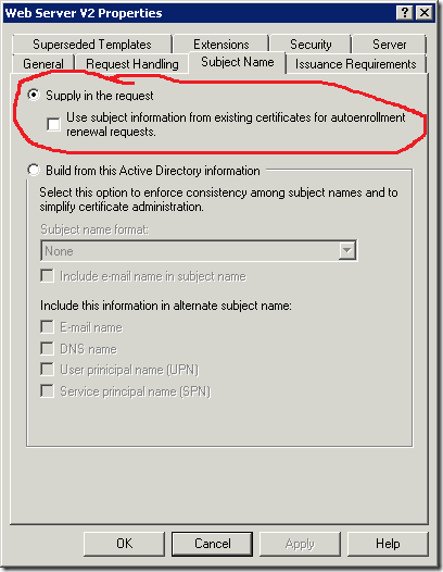 certificate template Subject tab