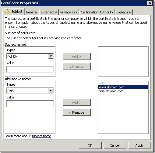 Configure certificate subject names