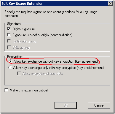 Key Usage extension configuration in certificate template