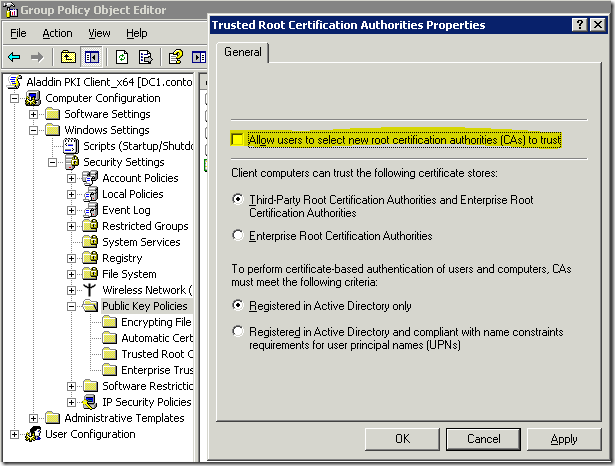 Trusted Root Certification Authorities settings in Windows Server 2003