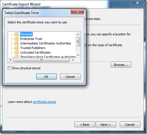 Select Certificate Store window