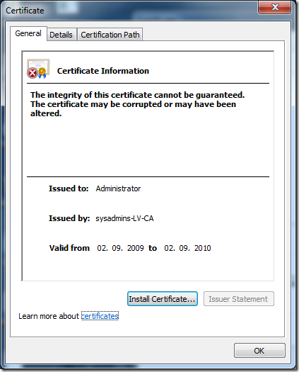 Altered certificate General tab