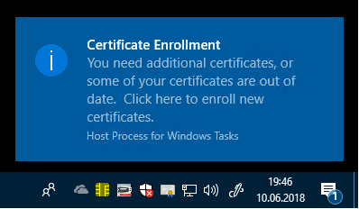 Certificate enrollment balloon user interface that requires user input