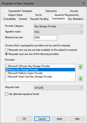 Configuring certificate template’s Cryptography settings