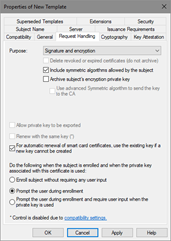 Configuring certificate template’s Request Handling tab