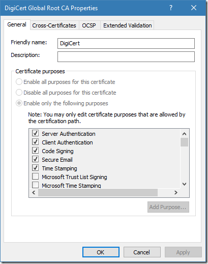 EKU properties for root CA certificate in Windows Certificate Store