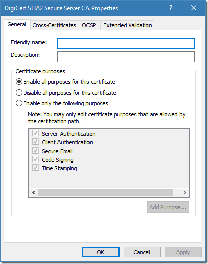 EKU properties for intermediate CA certificate in Windows Certificate Store