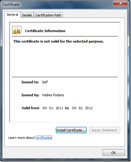 This certificate is not valid for the selected purpose #1