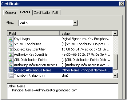 Certificate with populated UPN in Subject Alternative Name